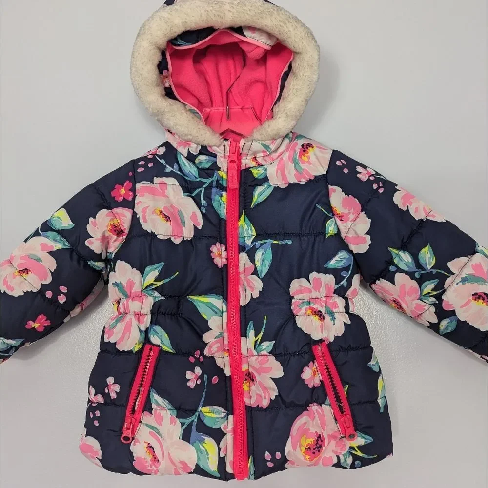 Carter's Blue Pink Floral Toddler Girl Puffer Jacket 24 Months